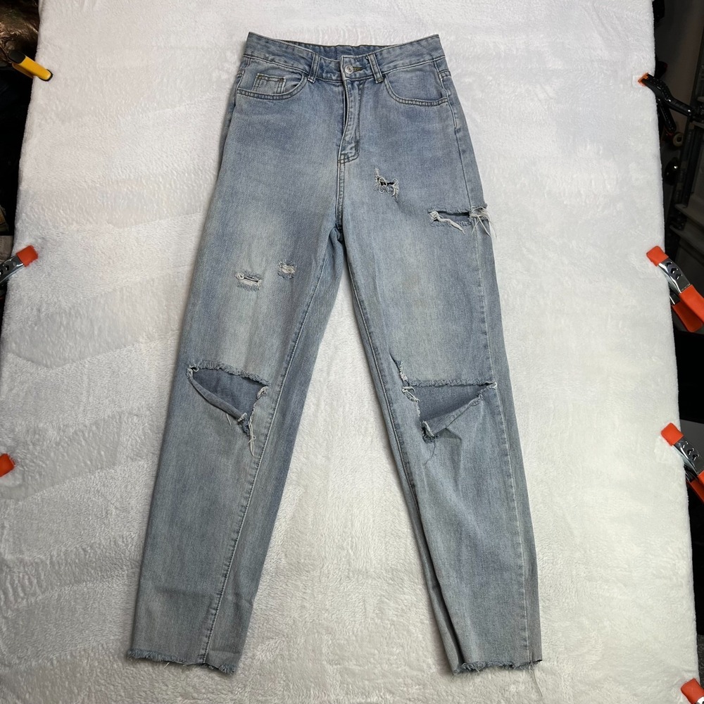 Vintage Mens Straight Jeans Blue Denim Distressed Frayed Hem Classic - 27X28.5